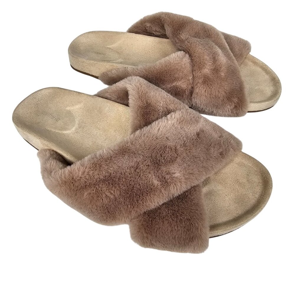 Birdies "Robin" Faux Fur Cross-Band Slip-On Slippers Comfort‎ Beige Womens 8.5
